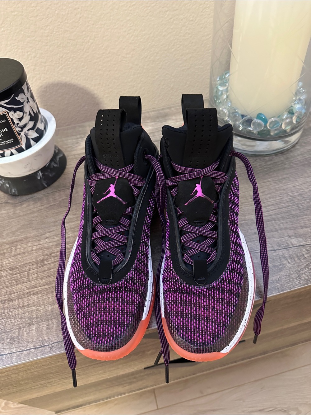 Jordan Purple and Black Knit Basketball Sneakers with Orange Soles
